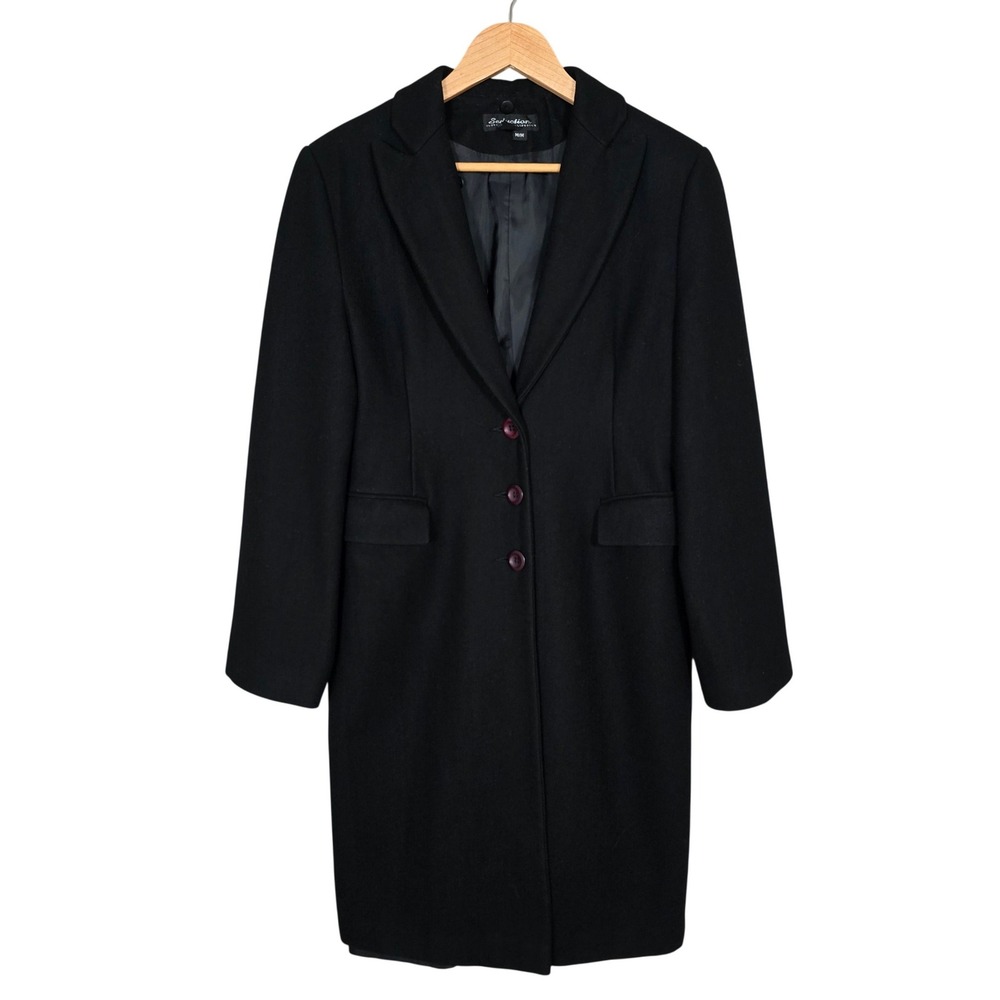 Seduction Women's Black Wool Blend Longline Coat Button Up Pockets Lined M